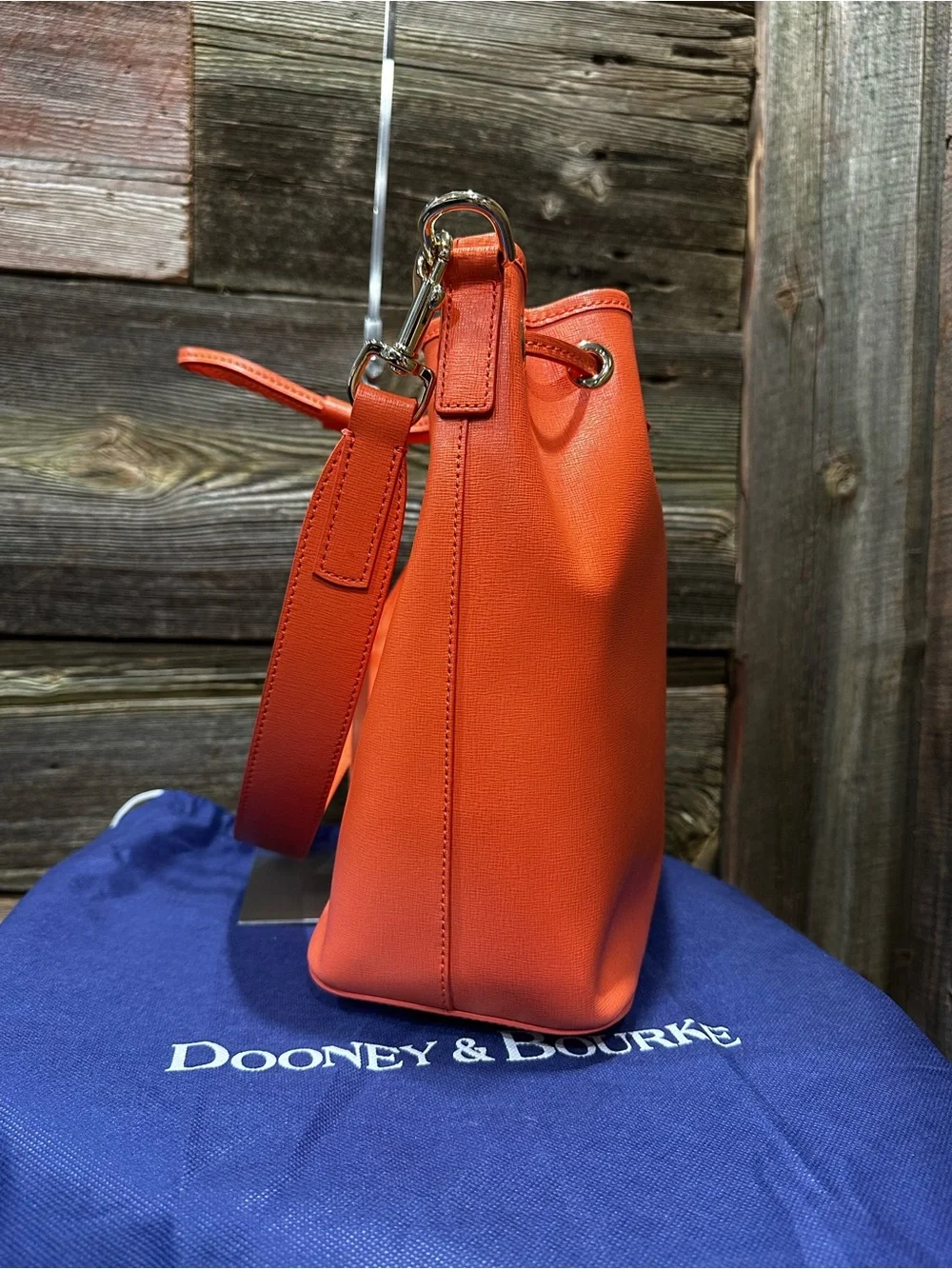 ✨ EUC Dooney & Bourke Saffiano Drawstring Bucket Bag & Matching Wallet Set Coral